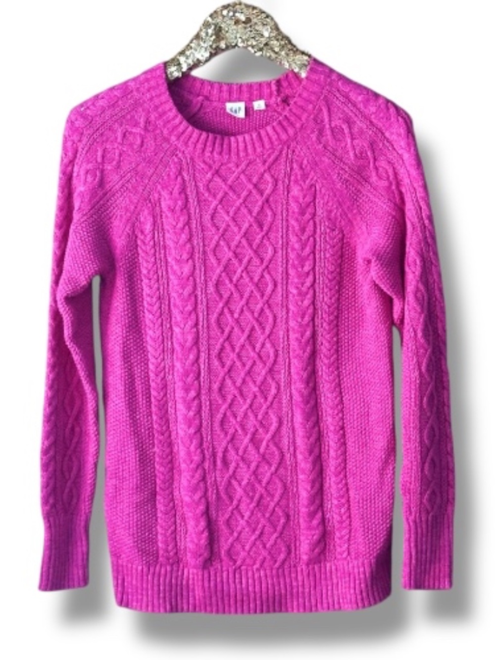 GAP Cable Knit Sweater Hot Pink Crew Neck Size Small